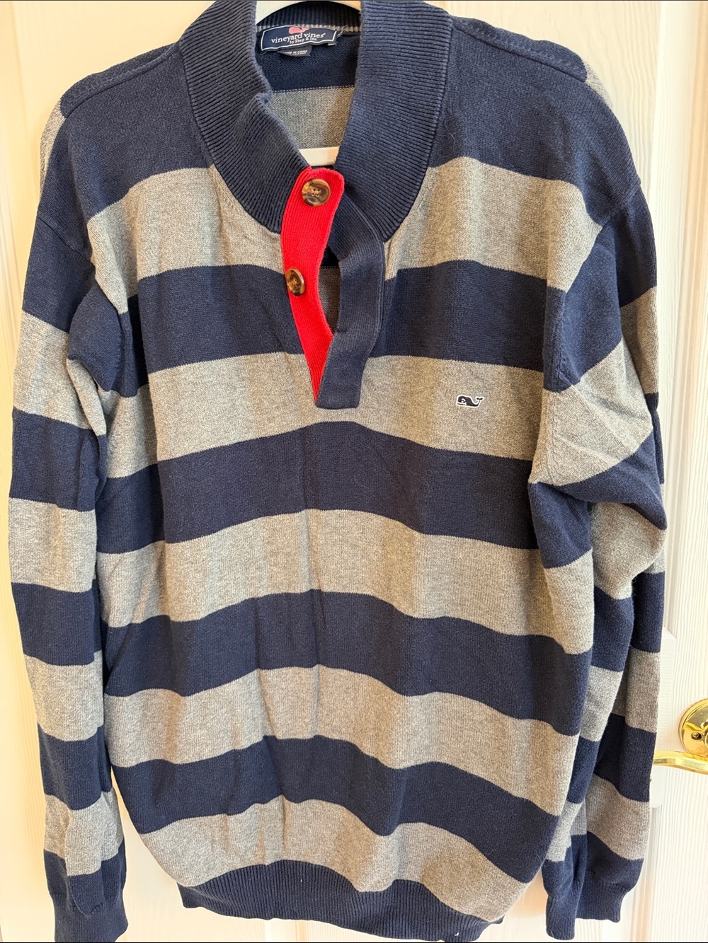 Vineyard Vines Navy & Gray Striped V‑Neck Sweater with Red Placket